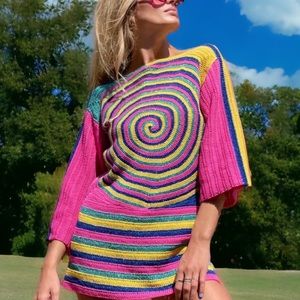 Free People | Dresses | Rose Carmine X Free People Spirales Sm Pink Yellow  Crochet Handmade Knit Mini | Poshmark